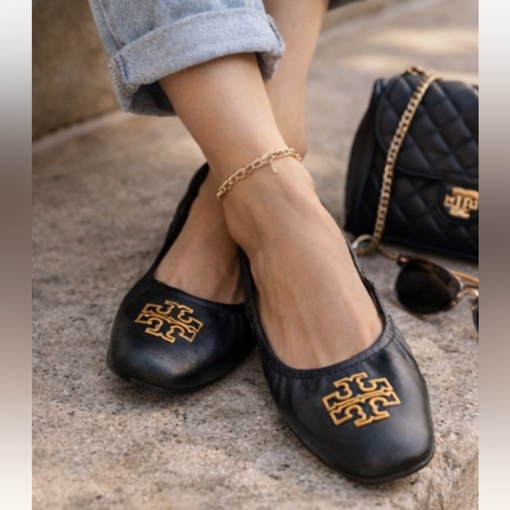Tory Burch Britten Sz 9 Black Ballet Flats Gold Logo Good Cond Price Firm